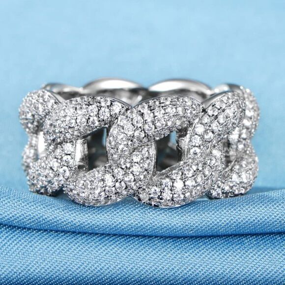 14K White Gold & White Diamond Cubic Zirconia Interlocking Cuban Statement Ring - Picture 3 of 5